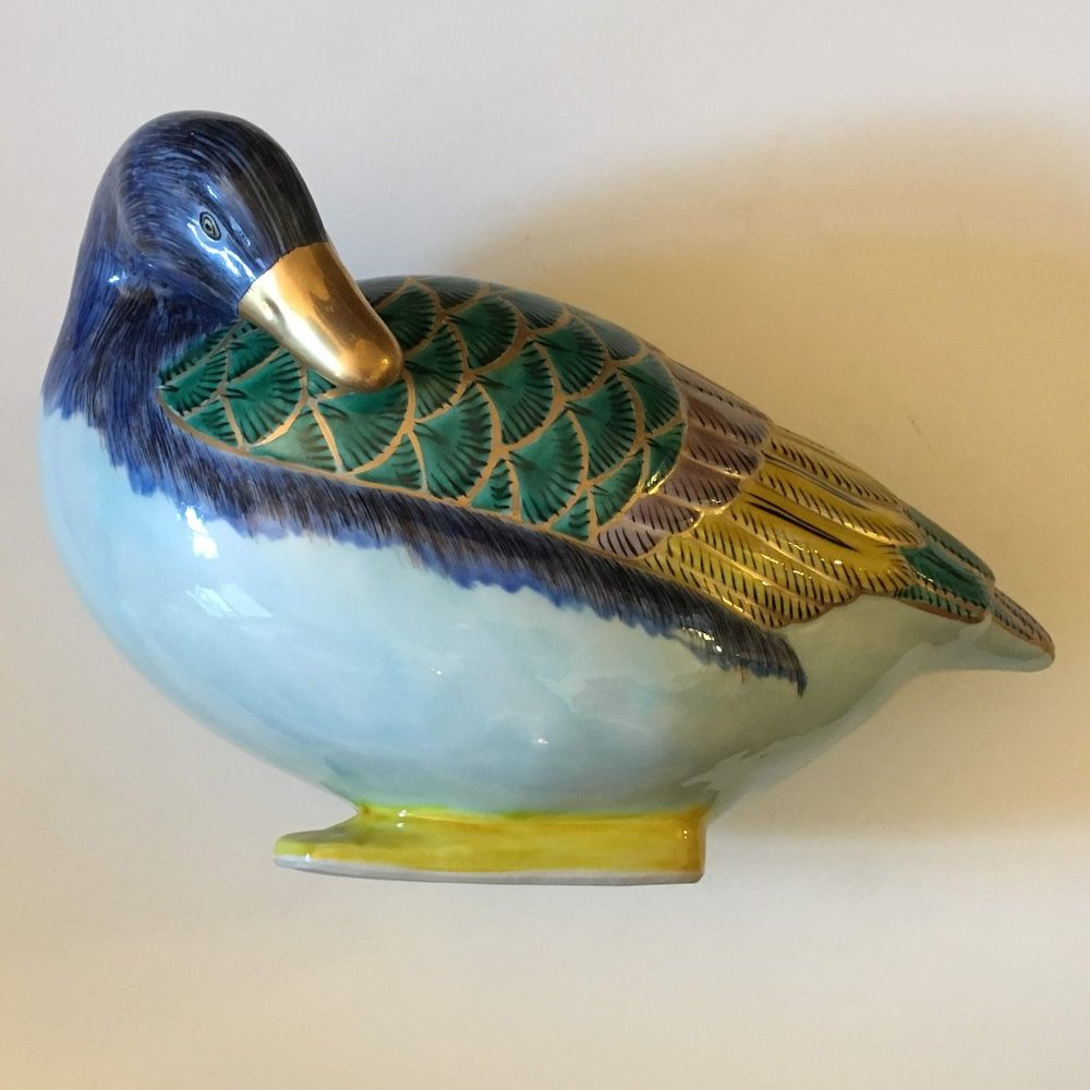 Painted Japanese Porcelain Duck Sculpture